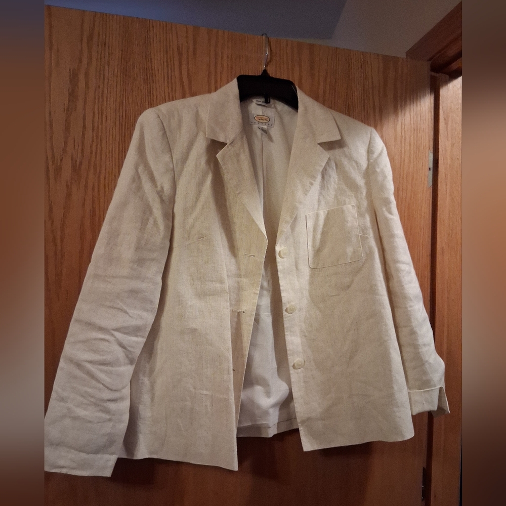 talbots petites Irish Linen blazer sz 12, lined. 3 button,  tan and creme stripe